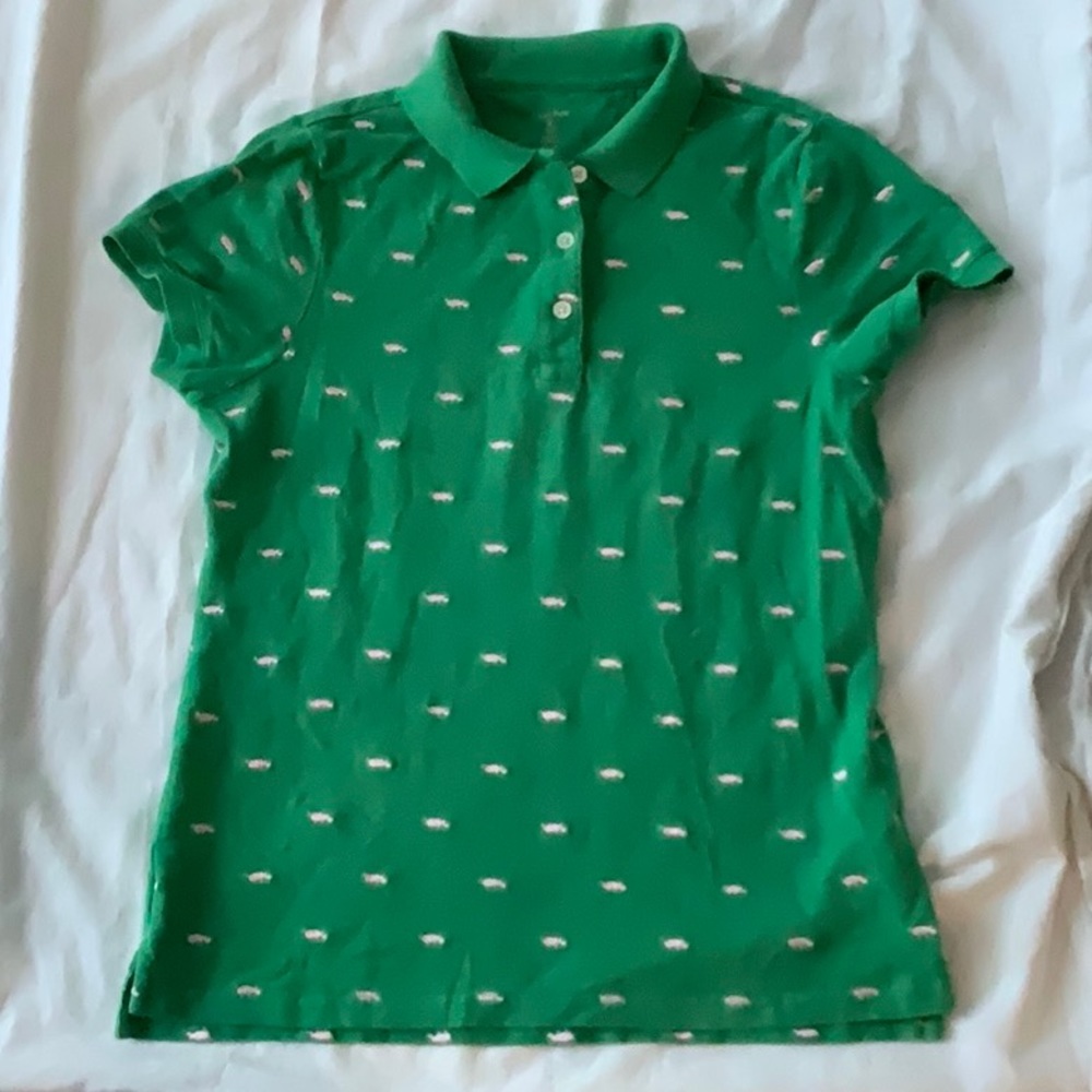 J Crew preppy golf shirt with pink hippos.